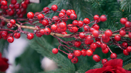 Decorative branch with red berries. 4k Video 3840x2160