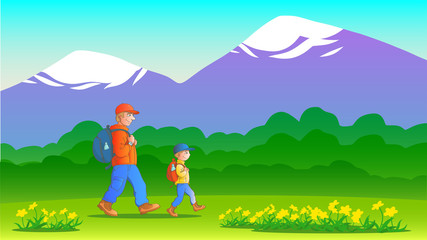 Obraz na płótnie Canvas Father and son with backpacks go on a summer trip on the background of a beautiful landscape with forests and snow-capped mountains. Figure in cartoon style.