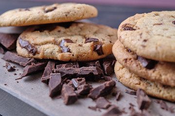 American cookies closeup. Dessert and pieces of chocolate. Macro for background.
