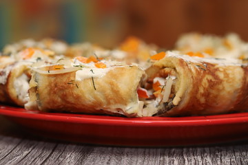 Eggplant fried and stuffed with tomato,pepper, onion and mayonnaise.