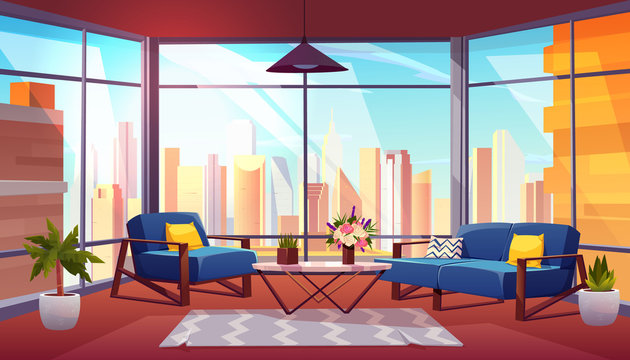Hotel suite, office lounge area, condominium apartment living room cartoon vector interior. Comfortable armchair and sofa, vase on coffee table, metropolis cityscape in panoramic window illustration