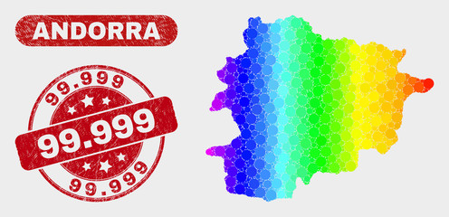 Spectral dotted Andorra map and seal stamps. Red round 99.999 distress stamp. Gradiented spectral Andorra map mosaic of randomized round dots. 99.999 seal stamp with scratched surface.