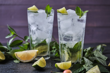 Mojito refreshing summer cocktail. Ingredients: ice, soda, rum, sugar syrup, lime, mint.