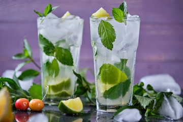 Mojito refreshing summer cocktail. Ingredients: ice, soda, rum, sugar syrup, lime, mint.