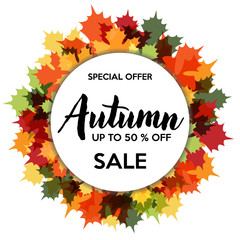 Autumn Sale Banner with Fall Leaves Background. Vector Illustration. Flat Style.  Autumn Design Collection, Cards, Banners, Invitations