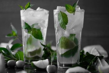 Mojito refreshing summer cocktail. Ingredients: ice, soda, rum, sugar syrup, lime, mint.