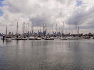 Fototapeta na wymiar View of St Kilda and pleaseure yachts from St Kilda tourist pier, St Kilda, Melbourne, South Australia