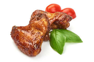 Grilled chicken wings, close-up, isolated on white background