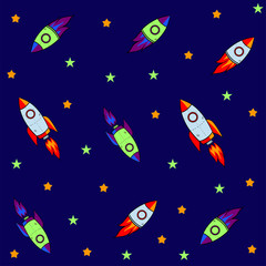Naklejka na ściany i meble seamless pattern for journey to space with sketch stars, rocket, comets, planets and ufo, vector