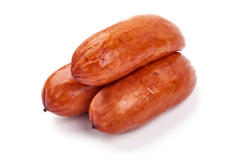 Beer sausages for grill, close-up, isolated on white background