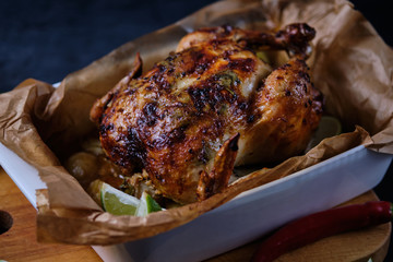 Chicken baked in the oven with spices, lemon, herbs and young potatoes.