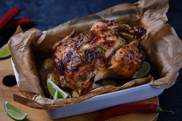 Chicken baked in the oven with spices, lemon, herbs and young potatoes.