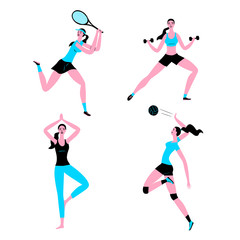 Woman doing different kinds of sport:volleyball, tennis, fitness, yoga.
