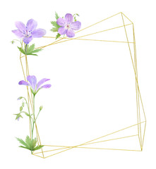 Geometric frame of lilac watercolor geranium flowers isolated on white background. Perfect for logo, design, cosmetics design, package, textile