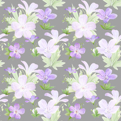 Seamless pattern of watercolor geranium flowers. Perfect for web design, cosmetics design, package, textile, wedding invitation, logo