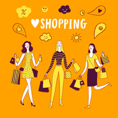 Doodle set of happy cartoon women with shopping bags