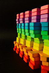 Rainbow stripes, steps with leaves, futurism abstraction on a black background