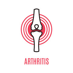 Arthritis disease poster of knee joint pain linear icon on white background. Human body anatomy. Orthopedics medical concept. Isolated vector illustration. 