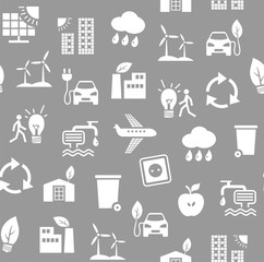 Eco-friendly technology, seamless pattern, gray, monochrome, vector. Clean energy, fuel and food production. Seamless monochrome background. Future technology. White icons on a gray field. 