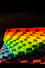 Rainbow stripes, steps with leaves, futurism abstraction on a black background