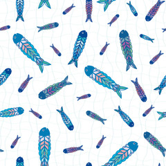 Hand drawn multicolor fish in folk art style design. Seamless vector pattern on white background with blue doodle netting. Great for beach, food, kitchen, cafe products, stationery, packaging, fabric.