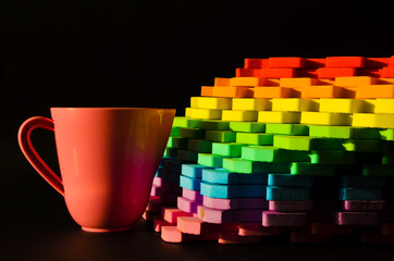 Rainbow stripes, steps with leaves, futurism abstraction on a black background
