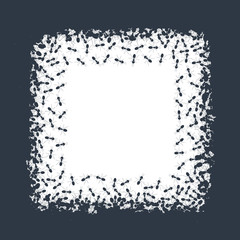 Square silhouette of chaotic running ants on white background. Crawling insects colony backdrop poster. Teamwork and cooperation concept.  Vector cartoon illustration. 