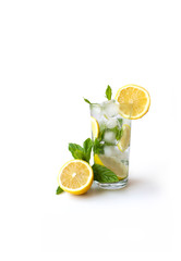 İced mint water with fresh lemon isolated on white background. Diet. 