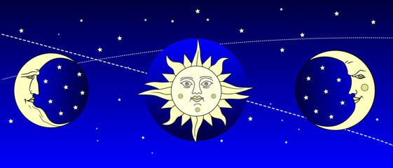 Fantastic starry sky for background. Sun and moon with the face of a mans and woman. Retro and folk style. Vector image. Flat design
