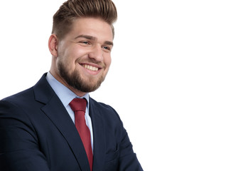 Close up of a hopeful businessman laughing