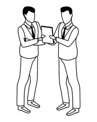 Businessmen using technology for business in black and white