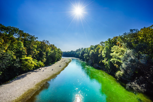 View on Turquoise isar river in Munich, Germany