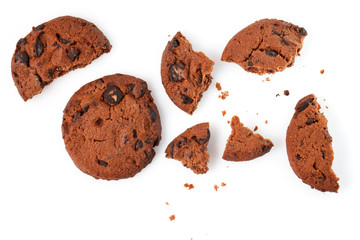 Chocolate chip cookies isolated on white background. Sweet biscuits. Homemade pastry.
