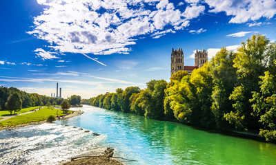 View on summer landscape by St. Maximilian church and Isar in Munich - obrazy, fototapety, plakaty