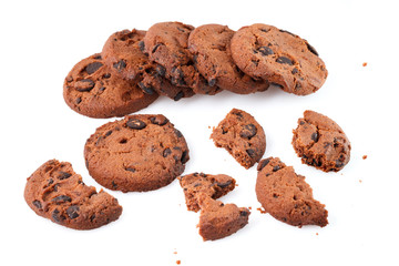 Chocolate chip cookies isolated on white background. Sweet biscuits. Homemade pastry.