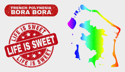 Spectrum dotted Bora-Bora map and stamps. Red rounded Life Is Sweet distress seal stamp. Gradient spectrum Bora-Bora map mosaic of scattered circle elements. Life Is Sweet stamp with grunge surface. - obrazy, fototapety, plakaty