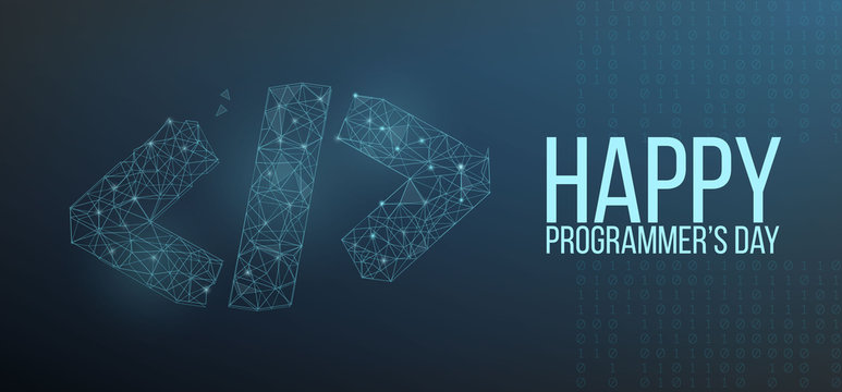 Happy programmer day banner or greeting card with code symbol in polygonal wireframe style. Vector illustration.