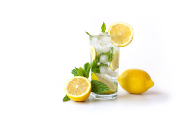 İced mint water with fresh lemon isolated on white background. Diet.