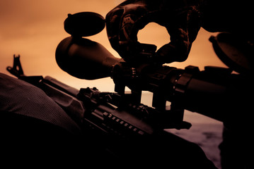 Automatic hunting rifle with optical scope close-up, sight adjustment when shooting