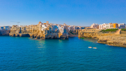 Aerial view of the beach lama monachile cala porto in the italian city polignano a mare.  © Sandis