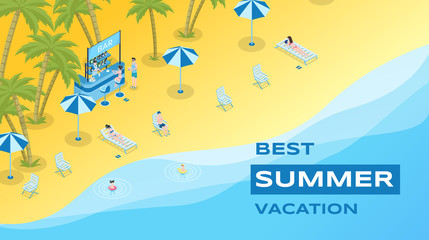 Fototapeta premium Summer vacation flat banner vector template. Summertime leisure, tropical resort, seasonal recreation poster concept. Sand beach with cocktail bar and tourists isometric illustration with typography
