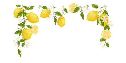 Yellow citrus fruit frame. Lemon, leaves and flowers. Tropical clip art illustration - obrazy, fototapety, plakaty