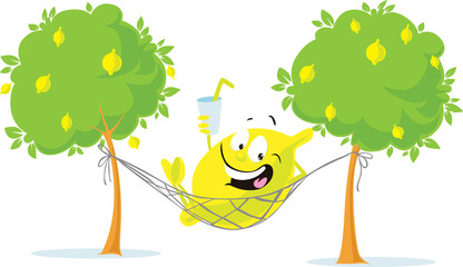 Cheerful Lemon Character Lay in Hammock with Fresh Drink - Vector Illustration