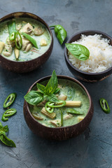 Green curry with chicken in a bowl, thai cuisine