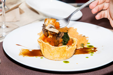 delicious dessert served on a white plate, Selective focus