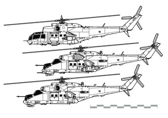 Mil Mi-24 Hind. Outline vector drawing