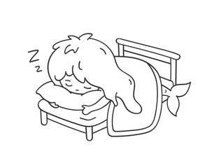 Sleeping mermaid hugging a pillow. Cute cartoon character for emoji, sticker, pin, patch, badge. Vector outline illustration.