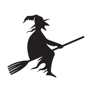 Witch riding broom icon in black and white. Vector illustration.