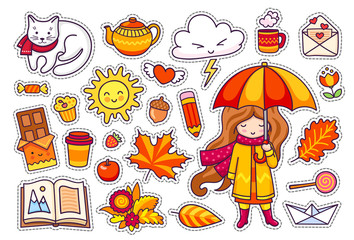 Autumn set, hand drawn elements. Cute girl with umbrella, leaves, white cat, cloud, coffee and open book. Illustration for stickers. Vector illustration.