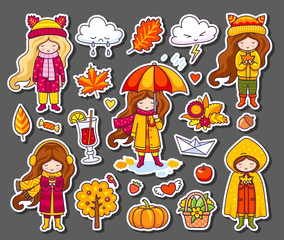 Hello Autumn collection. Vector illustration of colorful doodle fall symbols. Cute little girls, wearing coats, hats with ears, scarves, funny clouds, leaves, tree, pumpkin.